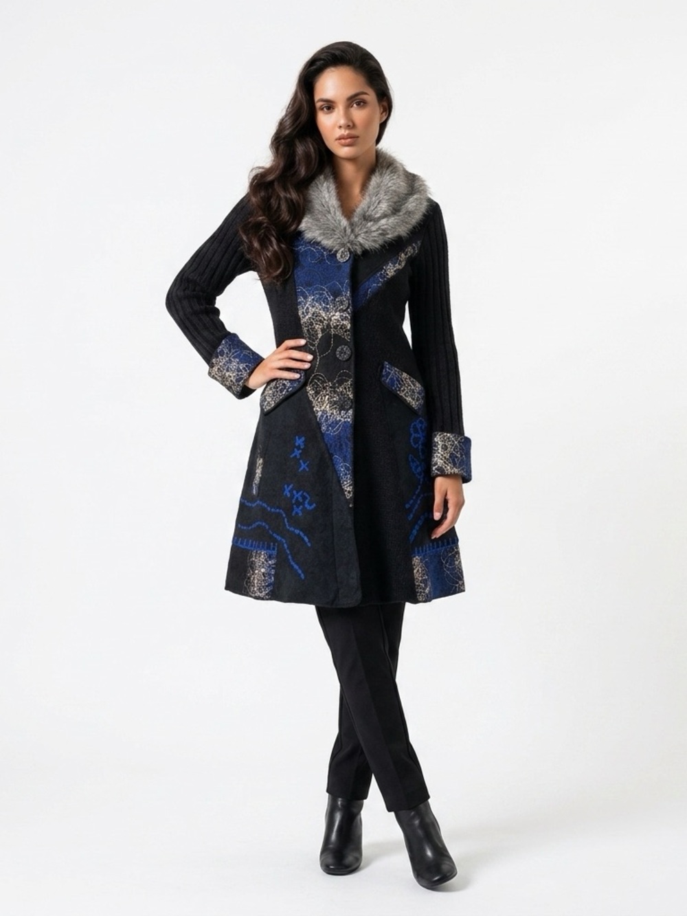 Papillon Coat with Blue Stitching Artwork and Gray Faux-Fur Collar